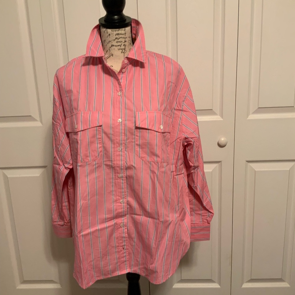 Promod Pink and White Button Down Shirt Relaxed Fit